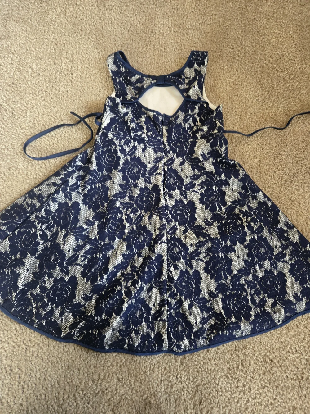 iris & ivy Navy and White Floral Lace Fit-and-Flare Dress with Rosette Accent